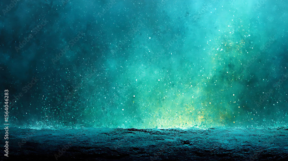 Aufkleber surreal ocean landscape with abstract teal watercolor texture and luminous light streaks with sparkl