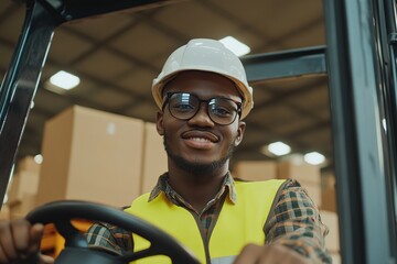 Portrait of american male warehouse worker in helmet and vest sitting in forklift truck