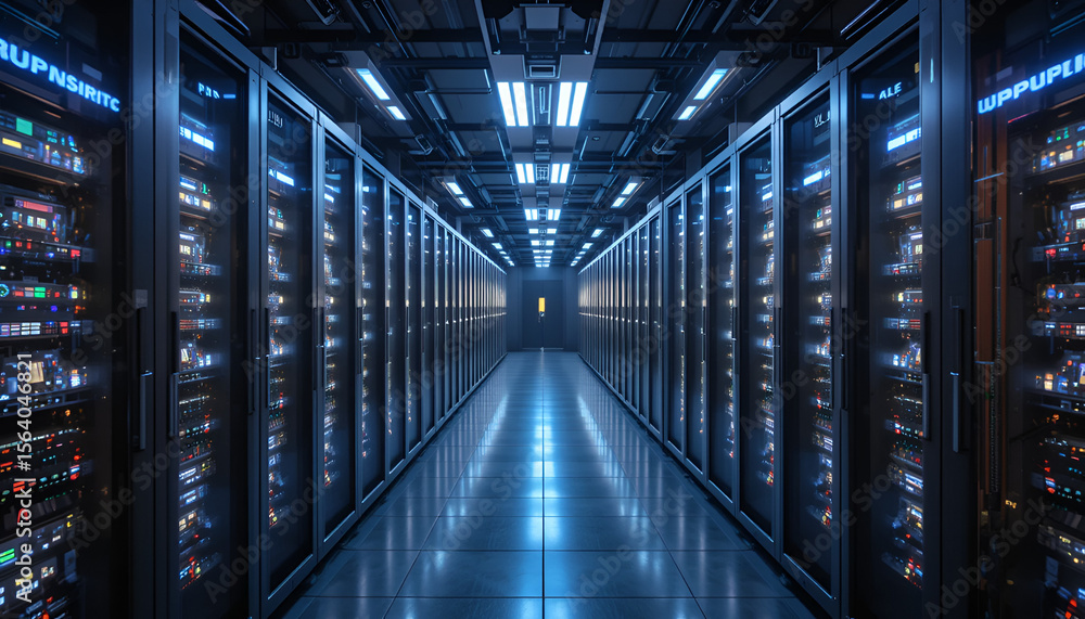 Poster rows of data servers fill this futuristic data center, illuminated with neon blue lighting, in a hig