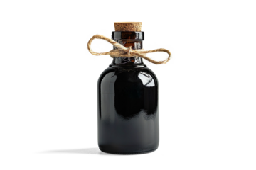 Homemade Vinegar in Reused Black Bottle with Cork and Twine on a transparent background