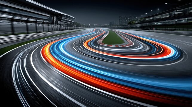 Long exposure of a race track at night with colorful light trails from moving vehicles - Powered by Adobe