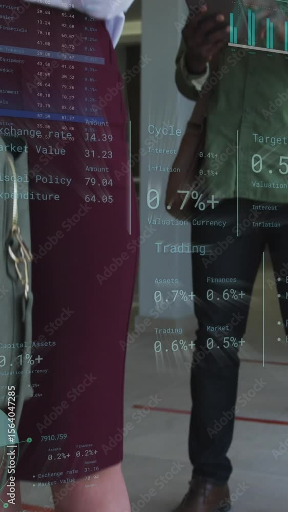 Poster animation of financial data over diverse business people in face masks queueing in corridor