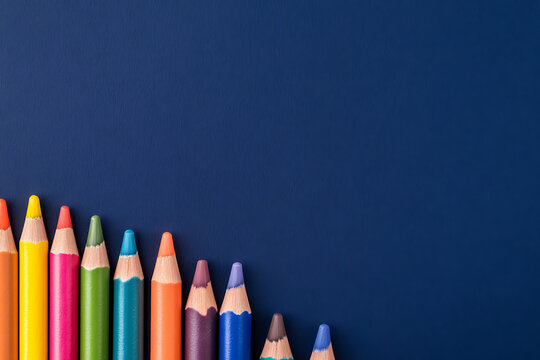 Colored pencils on blue offer a spectrum of creative possibilities, ideal for art projects and educational content. Back to school art supplies concept.
