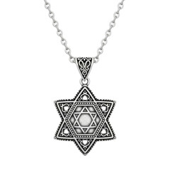 Intricate star of david pendant on silver chain with geometric patterns