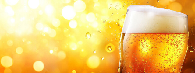 A close up of a glass of beer with condensation and a blurred golden background