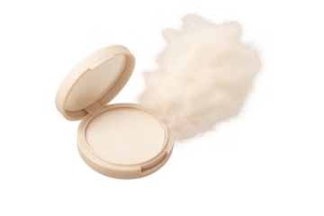 Shimmery compact face powder with a cloud of loose powder, isolated on transparent background.