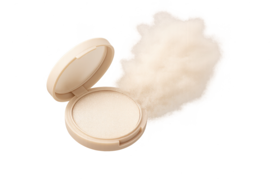 Shimmery compact face powder with a cloud of loose powder, isolated on transparent background.