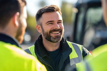 Two male workers in safety vests chat outdoors, enjoying a sunny day.