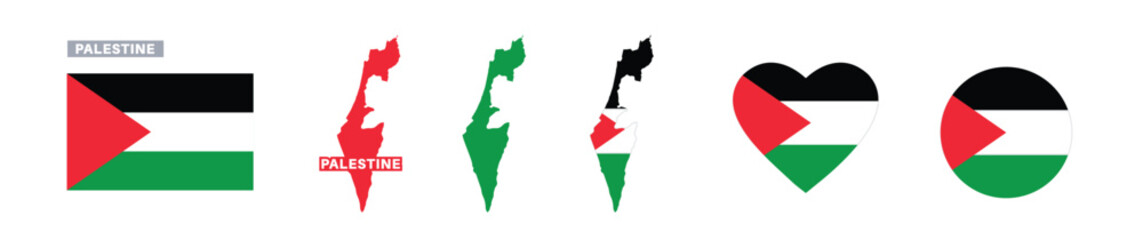 palestine flag and map set. palestine flag in official colors and proportions. independence day, map, circle and heart palestine 
