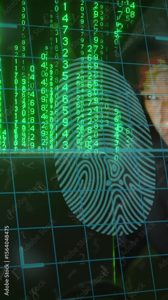 Poster animation of biometric fingerprint and binary coding over african american man using laptop