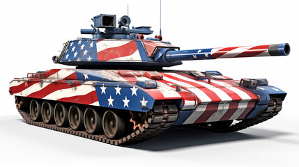 A patriotic tank adorned with the american flag design on a white background in a studio shot