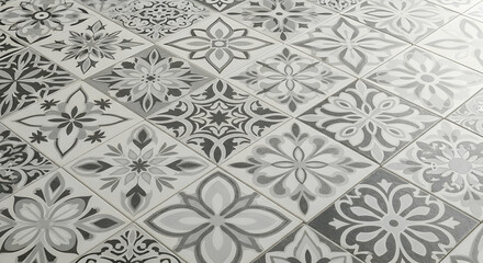 Monochrome floral pattern in grayscale with detailed blossoms and leaves, ideal for wallpapers,...