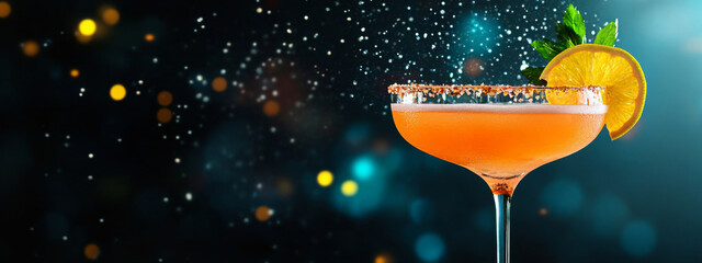 A cocktail with orange garnish and sugared rim against a bokeh light background