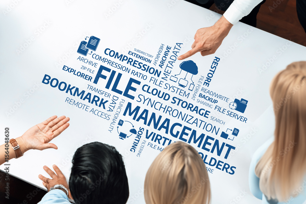 Aufkleber Engaging visual of team collaboration discussing file management strategies, emphasizing cloud storage, metadata, and efficient workflow solutions for modern business environments. Amity