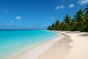 Tropical Paradise Beach With Blue Sea and Palm Trees Under Clear Sky