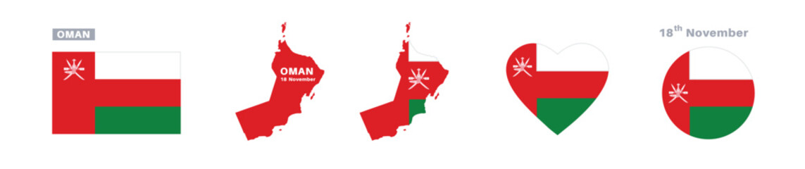 oman flag and map set. oman flag in official colors and proportions. independence day 18 november , map, circle and heart shaped oman 
