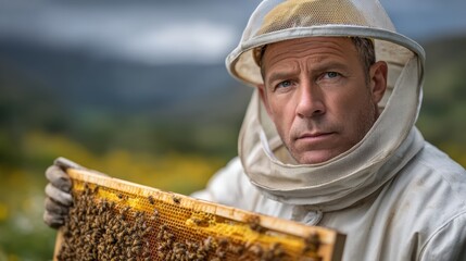 Professional beekeeper in white protective suit with bees