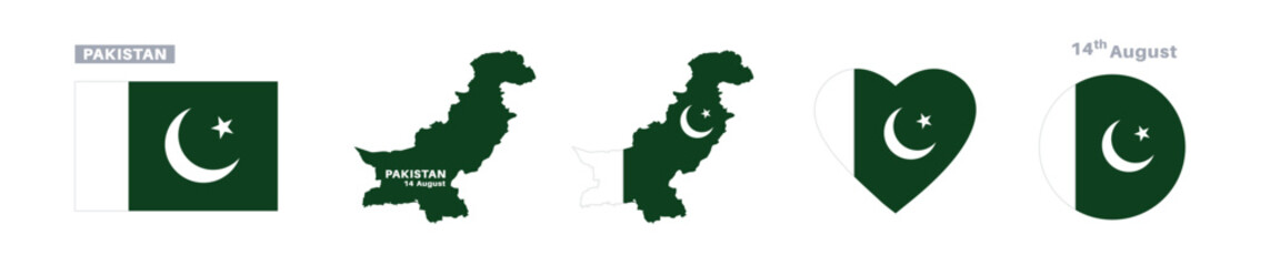 pakistan flag and map set. pakistan flag in official colors and proportions. independence day 14 august , map, circle and heart shaped pakistan 
