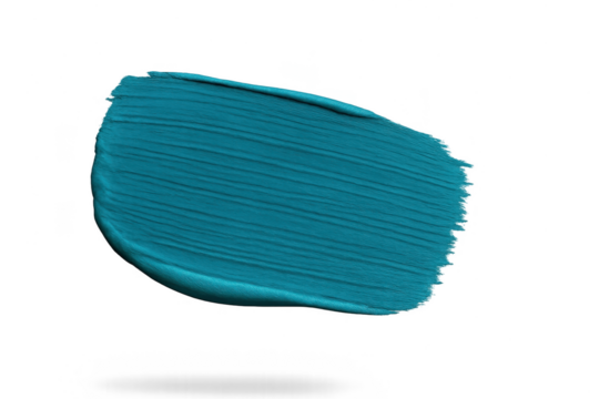 Vibrant teal paint brush stroke with textured surface isolated on transparent background.