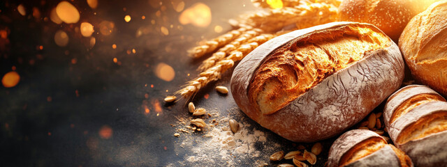 A display of freshly baked bread loaves with wheat stalks and bokeh background