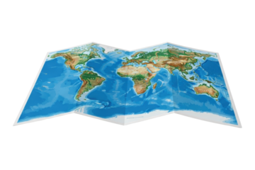 Folded world map displaying global continents and oceans in vibrant colors