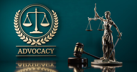 Advocacy: Themis and judge's gavel in the background of a golden icon with scales and text