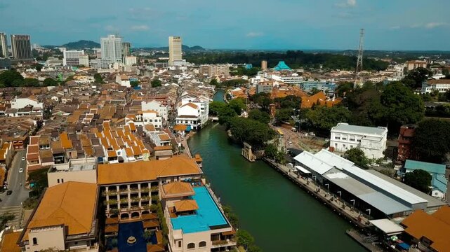 Aerial view of malacca city with river and historical buildings