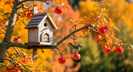Birdhouse and bird on an apple tree with golden autumn leaves. Nature, fall, and cozy home themes.