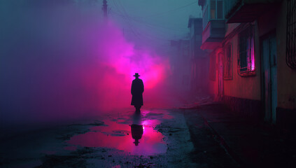 Obraz premium Mysterious Figure in Pink Fog Alley