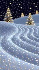 Winter landscape with glowing lights on snowy hills and decorated Christmas trees under falling snow. Magical festive scene with soft curves and night sky. Ideal for seasonal designs.