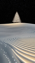 Elegant snowy landscape with stylized glowing tree and night sky. Wave-like snow patterns illuminated by soft golden lights. Ideal festive background for winter concepts.
