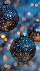 Black and dark glitter Christmas balls hanging vertically with golden bokeh lights. Sophisticated winter holiday scene for seasonal promotions and elegant design projects.