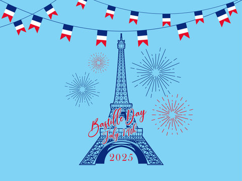 Bastille Day, France, Eiffel Tower, Fireworks, French flag, July 14th, French celebration, National holiday, 2025, Fête nationale, Red, white, and blue, Paris, French pride, French patriotism - Powered by Adobe