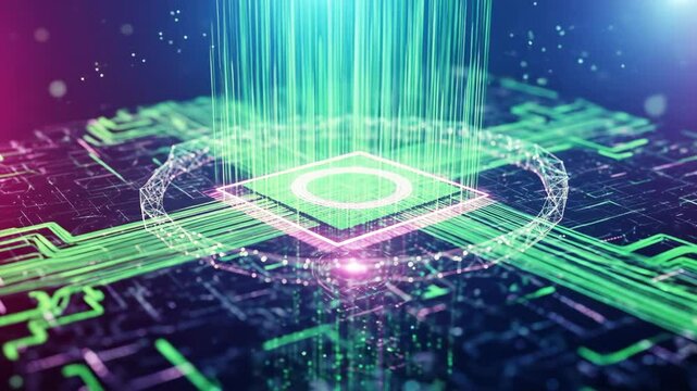 Futuristic Technology: Glowing data circle, digital circuit board, abstract background.