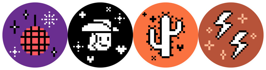 Disco cowgirls party round stickers collection. Y2k wild west party vector orange brown color design elements of sparkly mirror ball, cactus, cowboy icon. Retro 8 bit game style emoticon set