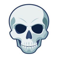 Fototapeta premium A stylized cartoon skull illustration with a clean, minimalist design featuring pale blue-green coloring, dark navy eye sockets, and a simple geometric art style with bold outlines.