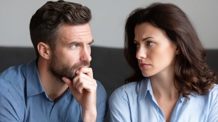 Two people engaged in a serious conversation, sitting close together in a professional setting