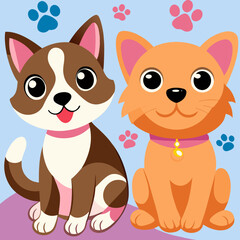 Cute cartoon kitten and dog illustration showing happy playful pets with love and friendship theme