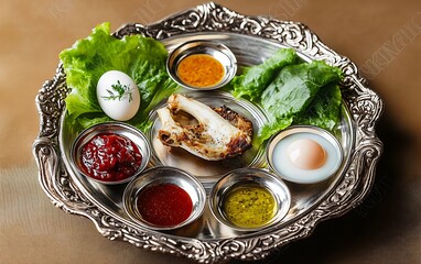 
Passover Seder plate featuring symbolic items including a shank bone, lettuce, egg, and condiments. Perfect representation of the Jewish holiday Passover and its traditional symbolism

