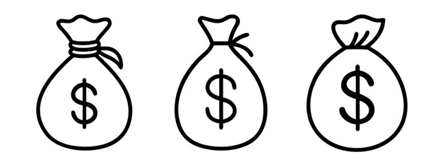 Minimal Black Silhouette Money Bag and Coin Icon with Dollar Symbol Vector Style Design