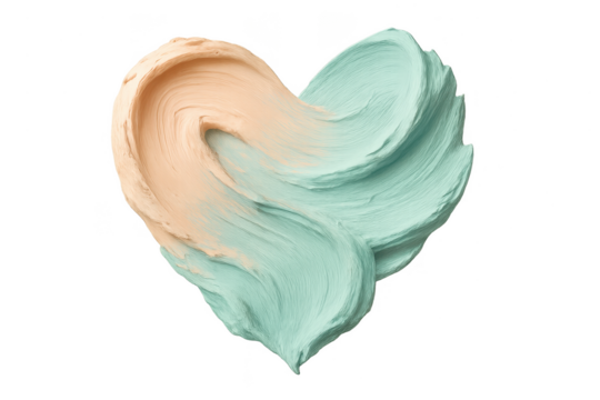 Heart-shaped creamy brush strokes in peach and mint, isolated on transparent background.