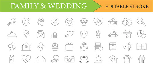 Linear Icons Depicting Elements of Family and Wedding Celebrations, Featuring Symbolism and Heart Motifs in Minimalist Designs
