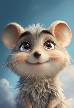 Rat&oacute;n adorable y caricaturesco que irradia alegr&iacute;a y tranquilidad sobre fondo de cielo celeste con nubes