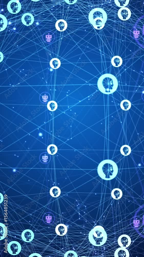 Poster animation of ai data processing over connections with icons