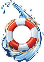 Floating Lifebuoy Surrounded by Playful Water Splashes