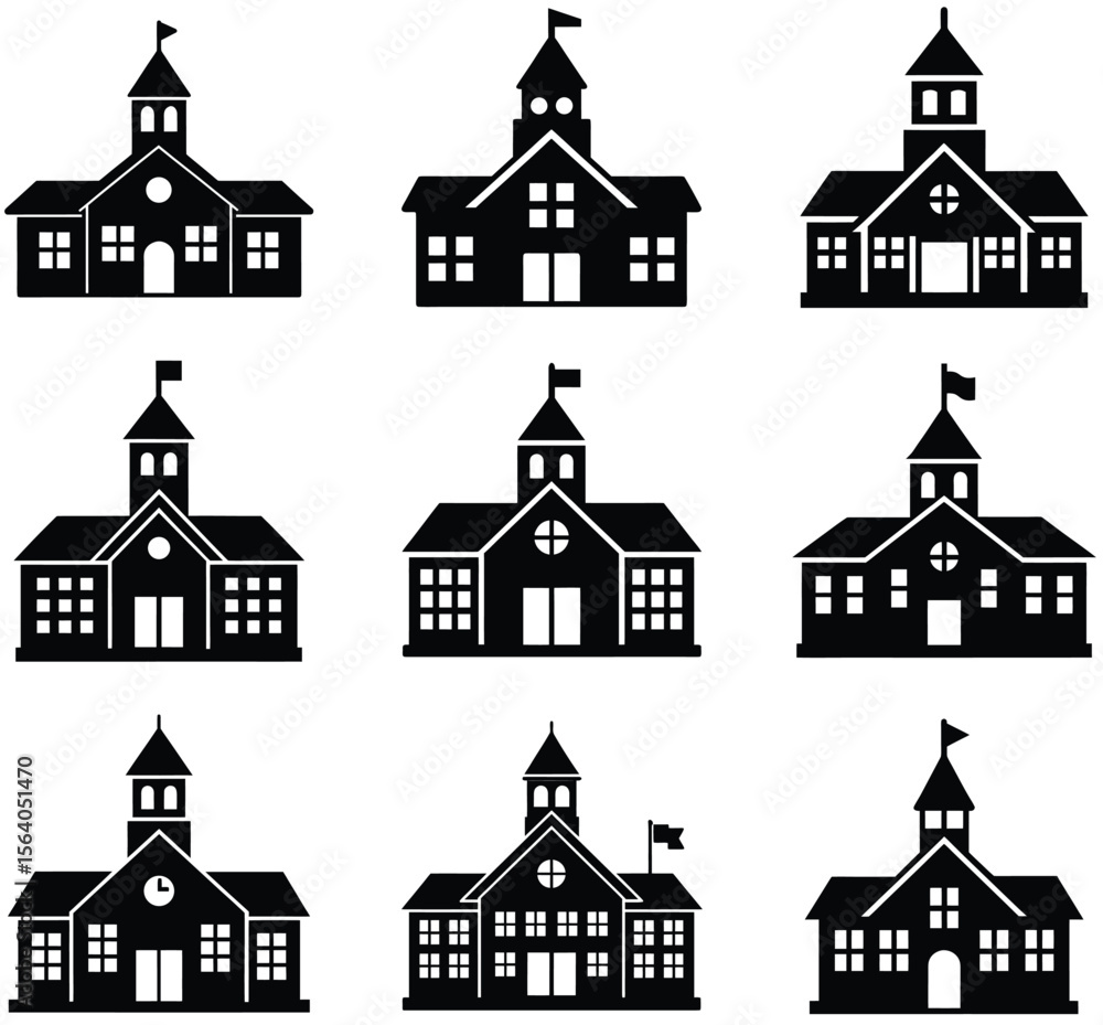 Poster collection of building icons representing school buildings with distinct architectural features