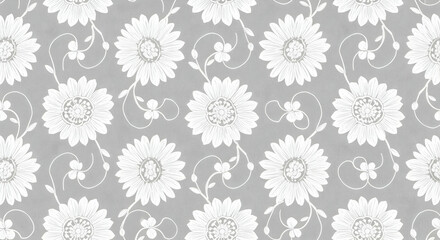Monochrome floral pattern in grayscale with detailed blossoms and leaves, ideal for wallpapers, fabric design, and decorative print projects.


