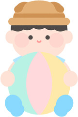 여름 비치볼 공을 들고 있는 아이 어린이 여름공 공놀이 밀짚모자 여름 어린이 얼굴합성도안 일러스트