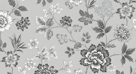 Monochrome floral pattern in grayscale with detailed blossoms and leaves, ideal for wallpapers,...