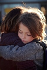 Emotional Child-Parent Hug in Morning Light Before School